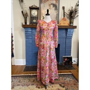 70s Dress XS Pink Floral Mod Psychedelic Boho Maximalist Maxi Brady Bunch S